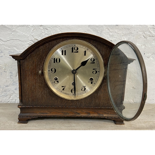 134 - An early 20th century Westminster Chime oak cased mantel clock - approx. 28cm high x 35cm wide x 17c... 