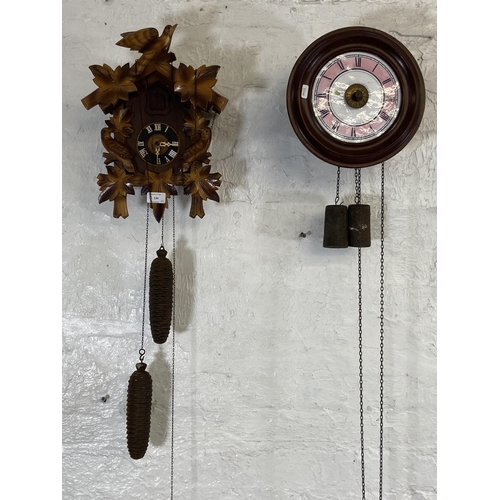 136 - Two wall clocks, one mid/late 20th century carved hardwood cuckoo and one late 19th century with pin... 