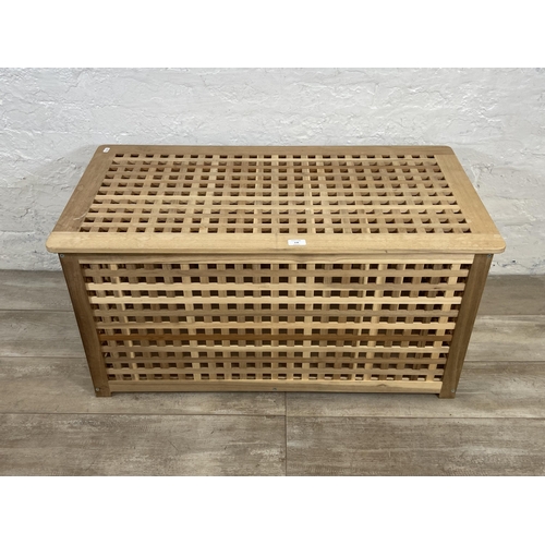 138 - A beech lattice work rectangular blanket box - approx. 50cm high x 98cm wide x 50cm deep