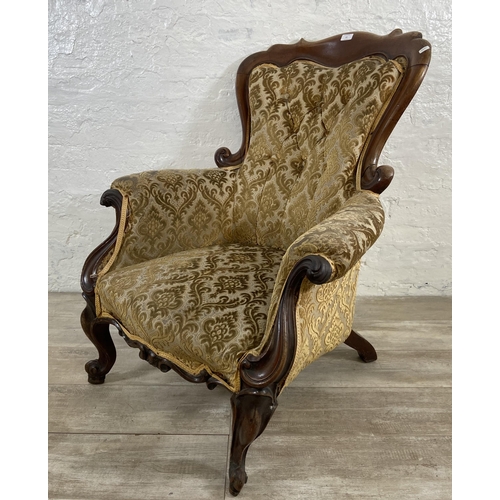 23 - A Victorian mahogany and floral fabric upholstered parlour chair - approx. 97cm high x 78 wide x 71 ... 