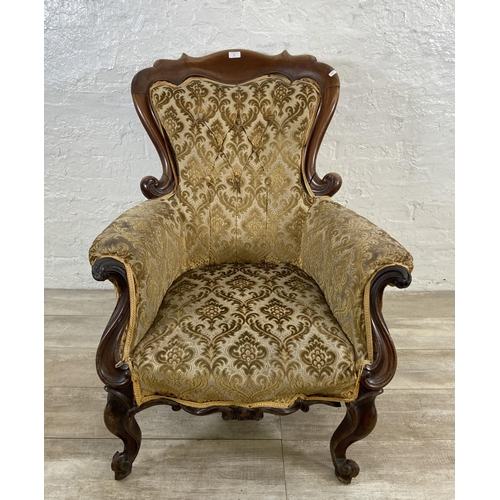 23 - A Victorian mahogany and floral fabric upholstered parlour chair - approx. 97cm high x 78 wide x 71 ... 