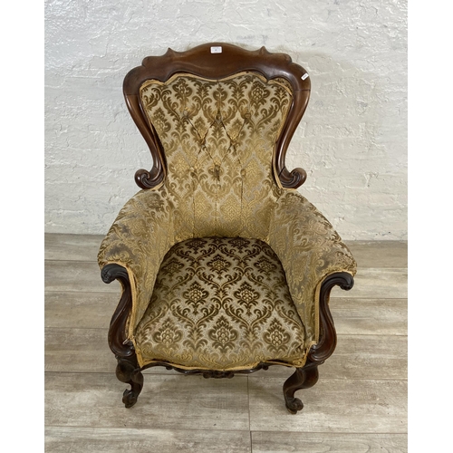 23 - A Victorian mahogany and floral fabric upholstered parlour chair - approx. 97cm high x 78 wide x 71 ... 