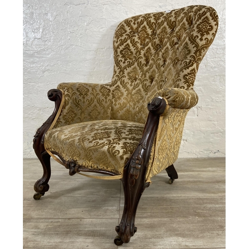 24 - A Victorian mahogany and floral fabric upholstered parlour chair - approx. 105cm high x 77cm wide x ... 