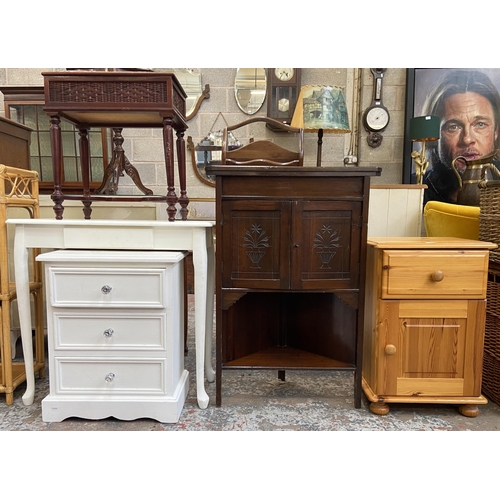 62 - Five pieces of furniture, pine bedside cabinet, Victorian Aesthetic Movement mahogany corner cabinet... 