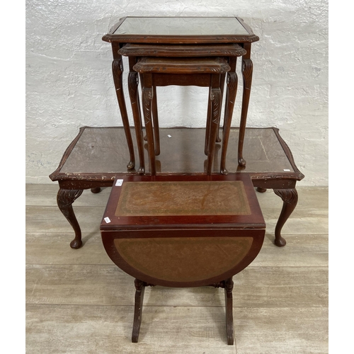 74 - Three pieces of reproduction mahogany and leather furniture, one drop leaf side table, one nest of t... 