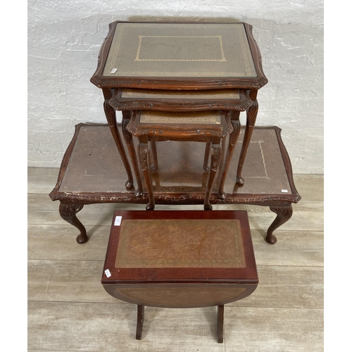 74 - Three pieces of reproduction mahogany and leather furniture, one drop leaf side table, one nest of t... 