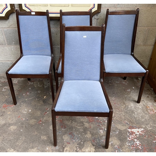 75 - Four modern beech and blue fabric upholstered dining chairs