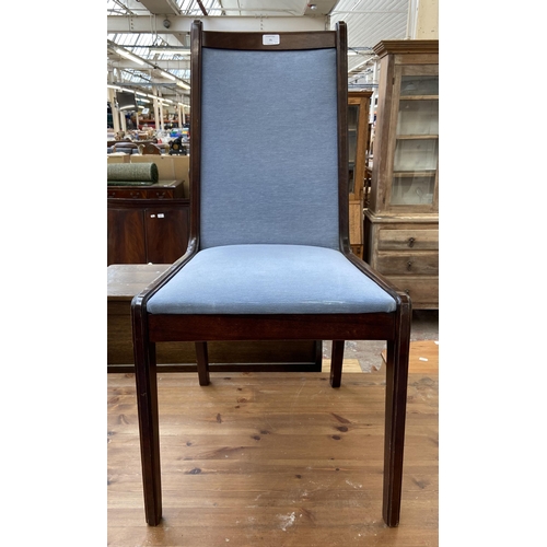 75 - Four modern beech and blue fabric upholstered dining chairs