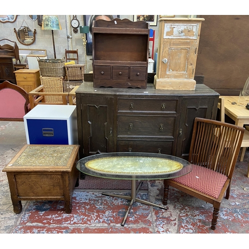 92 - Seven pieces of furniture to include Victorian style pine bedside cabinet, early 20th century carved... 