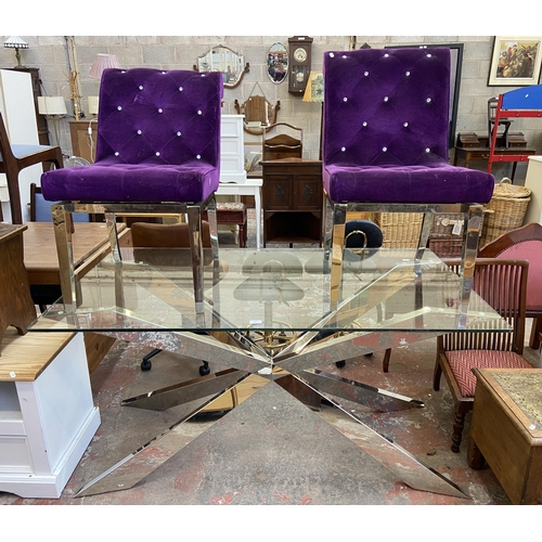 93 - A modern glass top and chrome plated dining table and two purple fabric upholstered and chrome plate... 