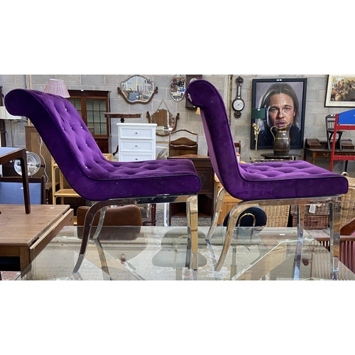 93 - A modern glass top and chrome plated dining table and two purple fabric upholstered and chrome plate... 