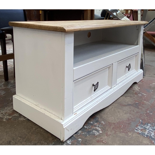 95 - A Mexican pine and white painted TV stand