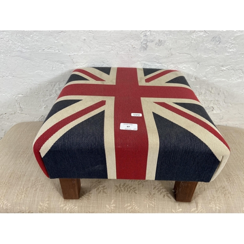 97 - Two modern fabric upholstered stools, one floral and one Union Jack