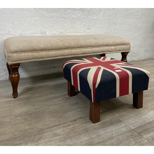 97 - Two modern fabric upholstered stools, one floral and one Union Jack