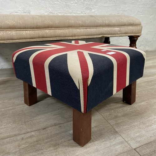 97 - Two modern fabric upholstered stools, one floral and one Union Jack