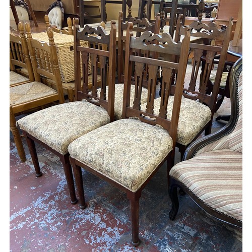 174 - Six chairs, one Victorian style spoon back nursing chair, one oak framed carver chair and a set of f... 