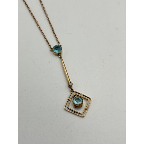 2128 - An Edwardian 9ct gold aquamarine and seed pearl set pendant necklace - approx. gross weight 3.6g