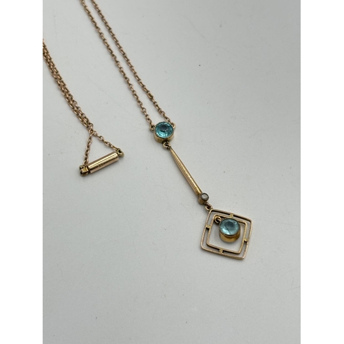 2128 - An Edwardian 9ct gold aquamarine and seed pearl set pendant necklace - approx. gross weight 3.6g