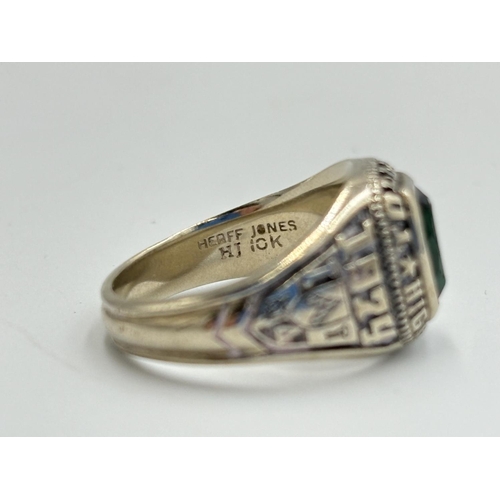 2130 - A Herff Jones 10k white gold green gemstone set American high school graduation class signet ring, s... 