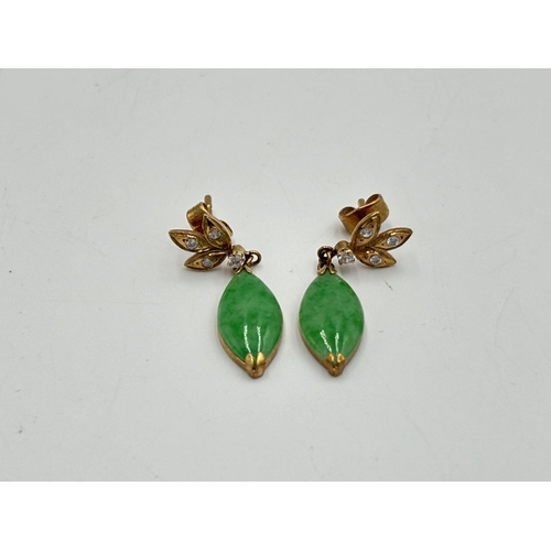 2134 - A pair of yellow metal jade and clear stone set drop earrings - approx. gross weight 3.1g