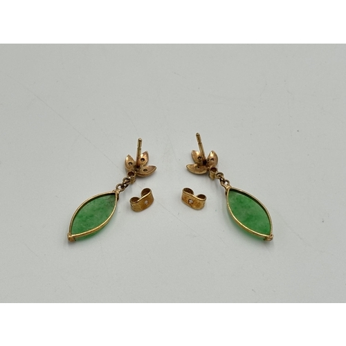 2134 - A pair of yellow metal jade and clear stone set drop earrings - approx. gross weight 3.1g