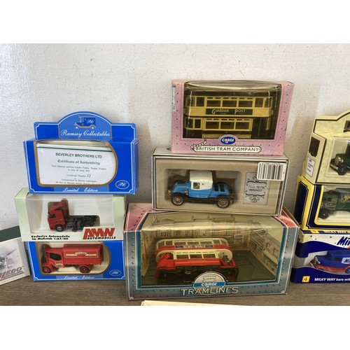 496 - A collection of boxed diecast model vehicles to include Corgi Tramlines, Corgi Collectors' Classics,... 