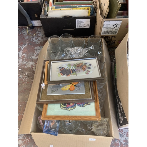 1147 - Two boxes containing glassware and framed butterfly pictures