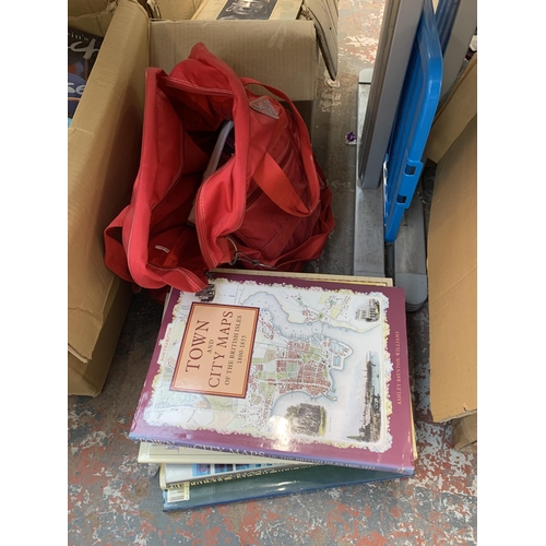 1130 - A large quantity of house clearance items to include books, Halfords cool box, ceramics, glassware e... 