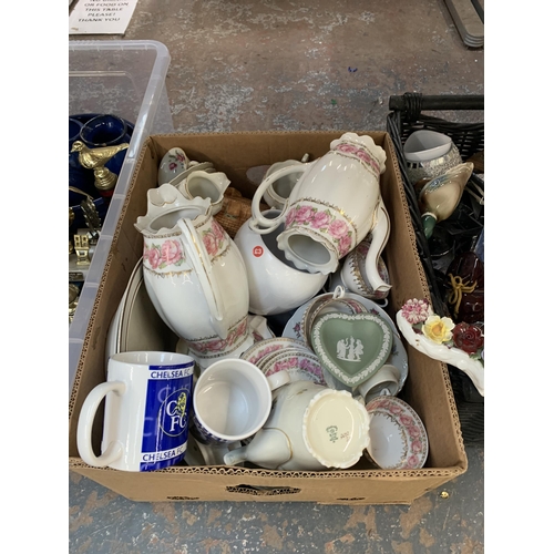 1143 - Three boxes containing ceramics to include Wedgwood sage green Jasperware heart shaped trinket dish,... 