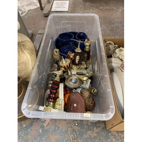 1143 - Three boxes containing ceramics to include Wedgwood sage green Jasperware heart shaped trinket dish,... 