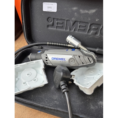 1041 - A collection of items to include Dremel 3000 rotary tool, Ryobi palm sander, SPTA dual action polish... 