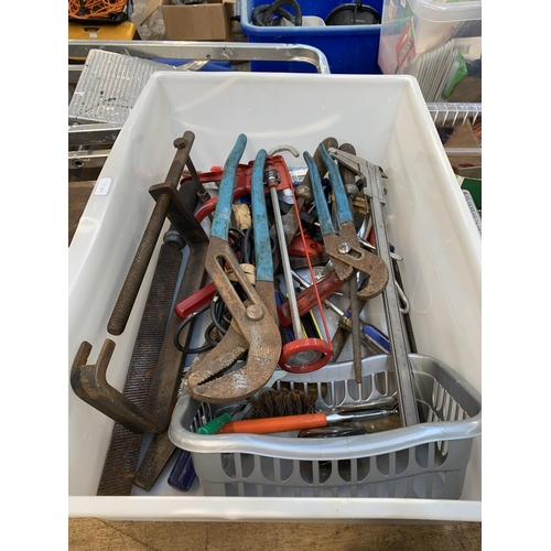 1057 - Three boxes containing hand tools to include Talco tap and die set, King Dick spanners, grips etc.