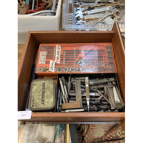 1057 - Three boxes containing hand tools to include Talco tap and die set, King Dick spanners, grips etc.