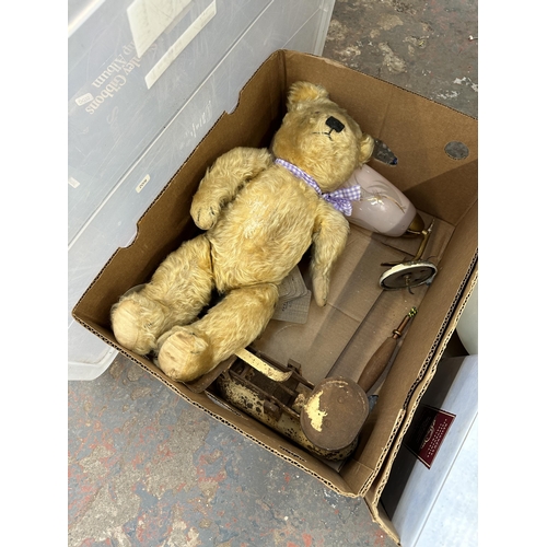 1120 - Four boxes containing vintage teddy bear, Pifco Deep Heat massager, blankets, linen, light shades et... 