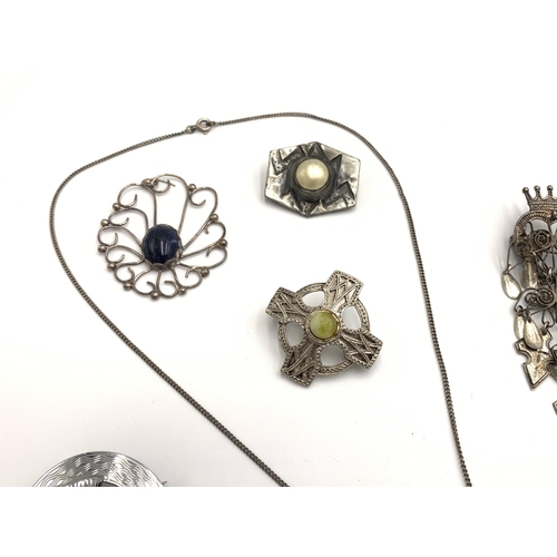 2142 - Seven pieces of white metal and silver jewellery to include Norwegian .830 silver Solje brooch, Mizp... 