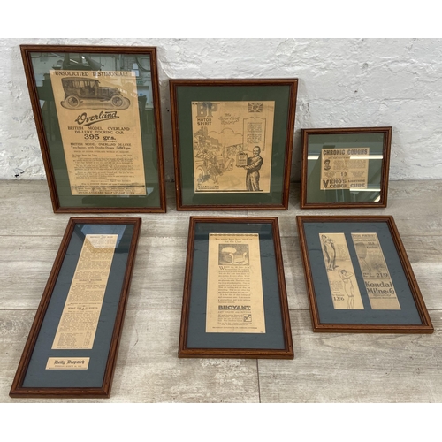 254 - Six early 20th century framed newspaper advertising clippings - largest approx. 39cm high x 27cm wid... 