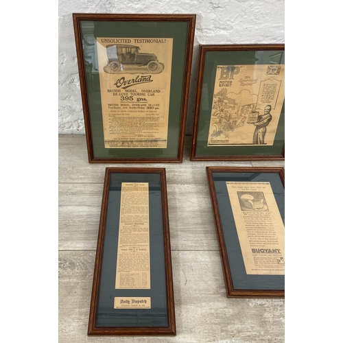 254 - Six early 20th century framed newspaper advertising clippings - largest approx. 39cm high x 27cm wid... 