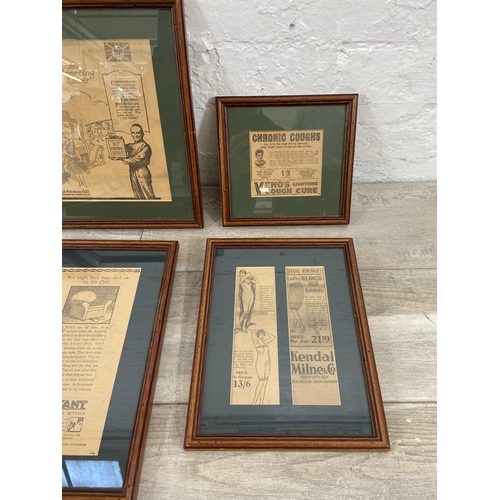 254 - Six early 20th century framed newspaper advertising clippings - largest approx. 39cm high x 27cm wid... 