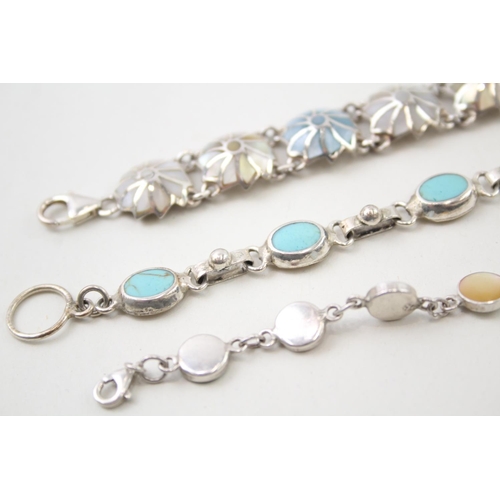 2092 - Three .925 silver gemstone set bracelets, two mother of pearl and one turquoise - approx. gross weig... 