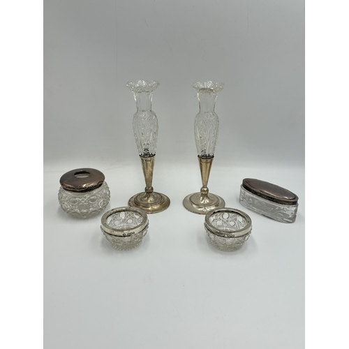 2198 - Six cut glass and hallmarked sterling silver items, four Birmingham and two Sheffield - approx. gros... 