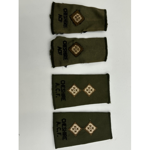 2295 - Ten military cloth patches and epaulettes to include Cheshire A.C.F. etc.