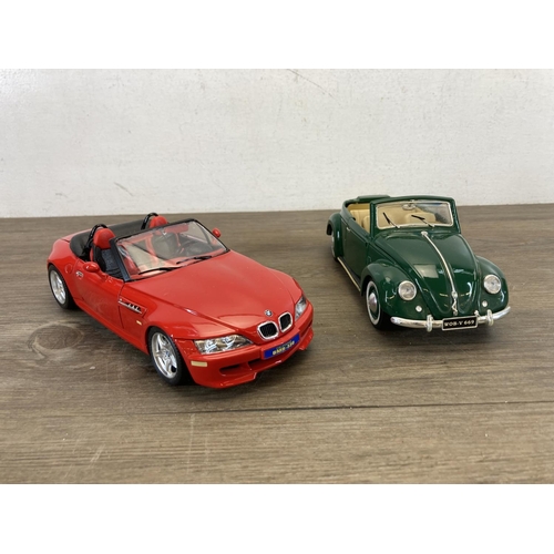 453 - Six diecast model vehicles, Maisto 1951 Volkswagen Beetle, Maisto BMW 502, Bburago Volkswagen New Be... 