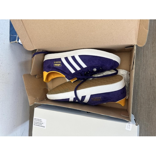 514 - Three pairs of boxed trainers, one pair of Reebok Classic white and gold high tops - size 6, one pai... 