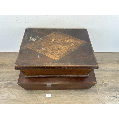 524 - Two 19th century wooden boxes, one mahogany writing slope with brass escutcheon and cartouche - appr... 