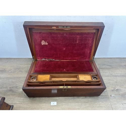 524 - Two 19th century wooden boxes, one mahogany writing slope with brass escutcheon and cartouche - appr... 