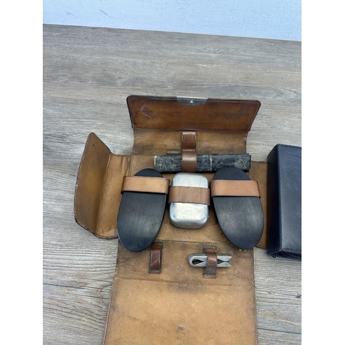 529 - Two items, one early 20th century brown leather gent's travel case and one cased shoe polish kit