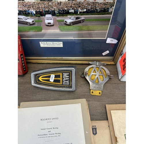 530 - A collection of automobilia to include framed Rolls-Royce factory photograph dated 12th September 20... 