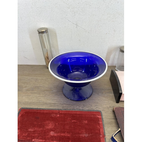 566 - A collection of items to include cobalt blue glass pedestal bowl with white rim, early 20th century ... 