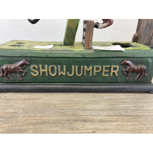 408 - A 19th century style hand-painted cast iron show jumper mechanical coin bank