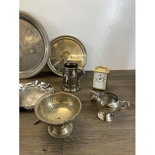 418 - A collection of vintage metalware to include serving trays, four piece C.B & S Ltd. tea set etc.